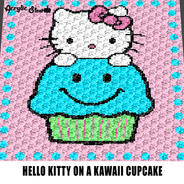 Hello Kitty Sitting On A Cupcake Kawaii Cartoon Art Polka Trim crochet graphgan blanket pattern; graphgan pattern, c2c; single crochet; cross stitch; graph; pdf download; instant download