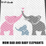 Mommy Daddy and Baby Elephants With Heart crochet graphgan blanket pattern; c2c, cross stitch; graph; pdf download; instant download
