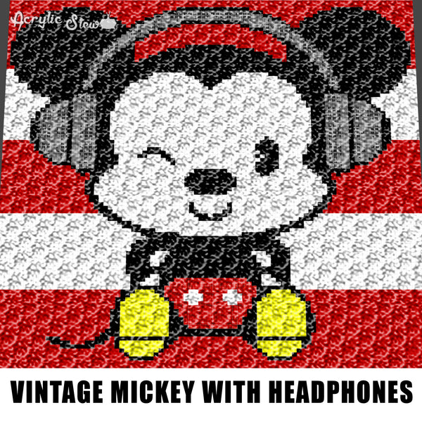 Vintage Mickey Mouse Wearing Headphones With Striped Background Disney Character crochet graphgan blanket pattern; graphgan pattern, c2c; cross stitch; graph; pdf download; instant download