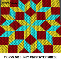 Tri-Color Burst Yellow Maroon Aqua Carpenter Wheel crochet graphgan blanket pattern; c2c, cross stitch graph; pdf download; instant download