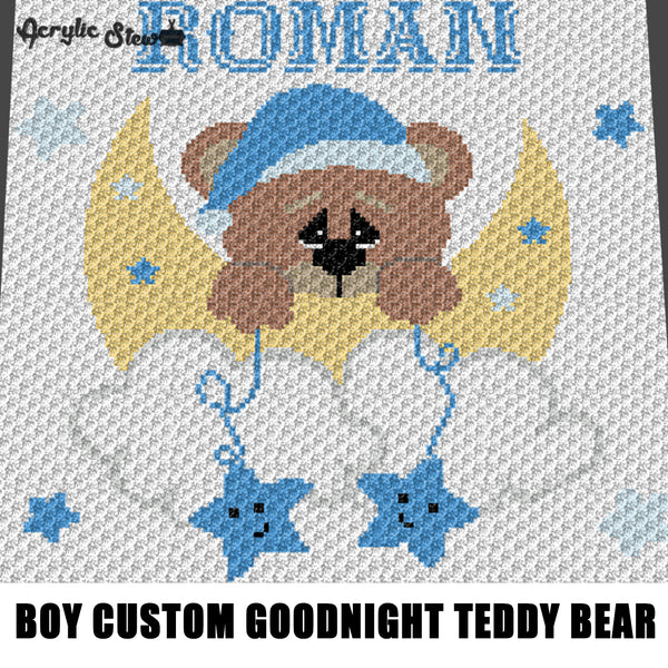 Custom Personalized Baby Boy Blue Goodnight Teddy Bear Moon and Stars crochet graphgan blanket pattern; graphgan pattern, c2c; single crochet; cross stitch; graph; pdf