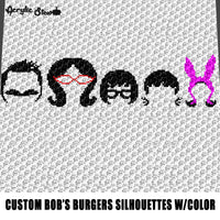 Custom Bob's Burgers Silhouettes With Color Animated Cartoon Television Show Characters crochet graphgan blanket pattern; graphgan pattern, c2c; single crochet; cross stitch; graph; pdf download; instant download