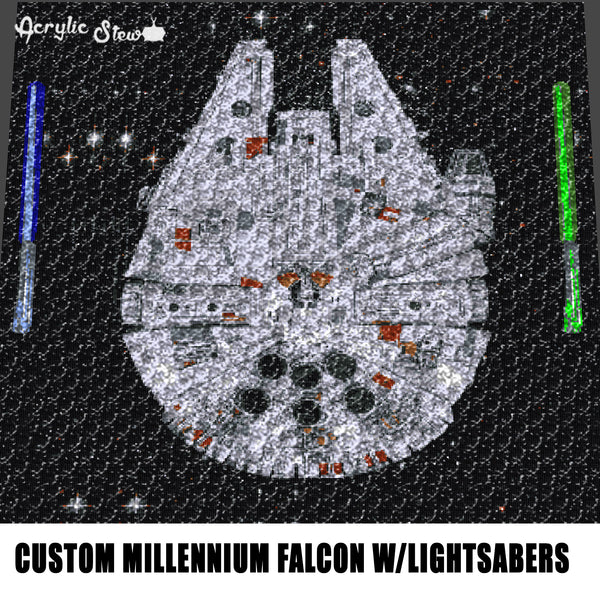 Custom Millennium Falcon With Blue and Green Lightsabers Star Wars Vintage Space Photo crochet graphgan blanket pattern; graphgan pattern, c2c; single crochet; cross stitch; graph; pdf download; instant download