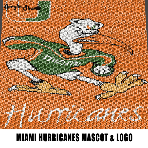 Miami Hurricanes College Team UM Logo and Mascot Design Sebastian the Ibis crochet graphgan blanket pattern; graphgan pattern, c2c; single crochet; cross stitch; graph; pdf download; instant download