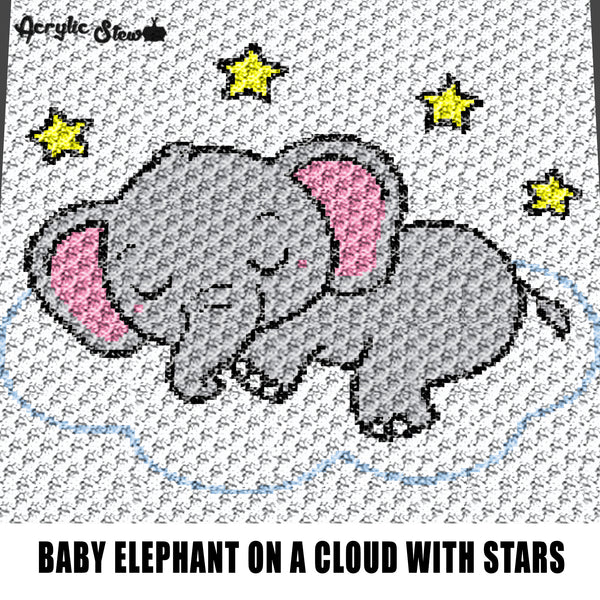 Baby Elephant Asleep on a Cloud with Stars Baby Layette Nursery Baby Shower crochet graphgan blanket pattern; c2c; single crochet; cross stitch; graph; pdf download; instant download