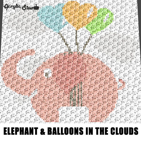 Baby Elephant Floating With Balloons In the Clouds crochet graphgan blanket pattern; c2c, cross stitch graph; pdf download; instant download
