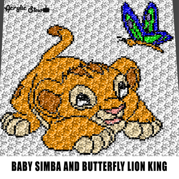 Baby Simba Playing With A Butterfly Disney Lion King Movie Cartoon Character crochet graphgan blanket pattern; c2c; single crochet; cross stitch; graph; pdf download; instant download