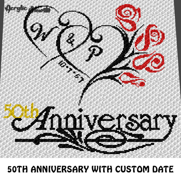 Custom Personalized 50th Wedding Anniversary Roses Design with Initials and Custom Date crochet graphgan blanket pattern; c2c, cross stitch graph; pdf download; instant download