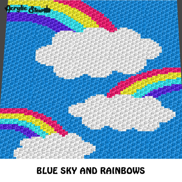 Blue Sky and Three Rainbows Primary Color crochet graphgan blanket pattern; c2c, cross stitch graph; instant download