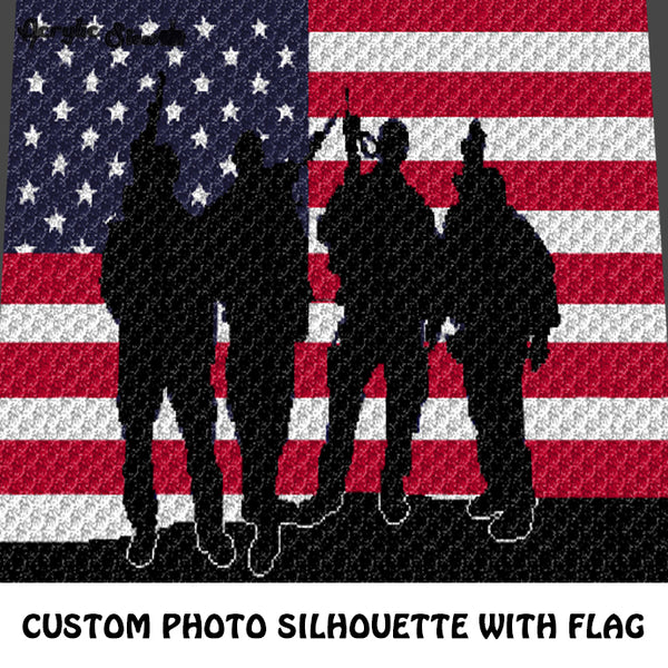 Custom Military Servicemen Photo Silhouette with color American Flag Background crochet graphgan blanket pattern; c2c, cross stitch graph; instant download