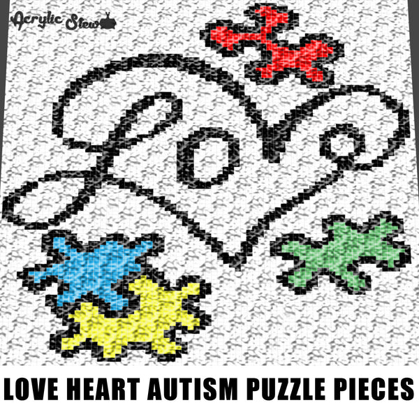 Love Heart Typography Autism Awareness Puzzle Pieces crochet graphgan blanket pattern; c2c, cross stitch; graph; pdf download; instant download
