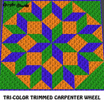 Tri-Color Trimmed Blue Green Orange Carpenter Wheel Geometric Shape Copycat Quilt Design crochet graphgan blanket pattern; c2c; single crochet; cross stitch; graph; pdf download; instant download