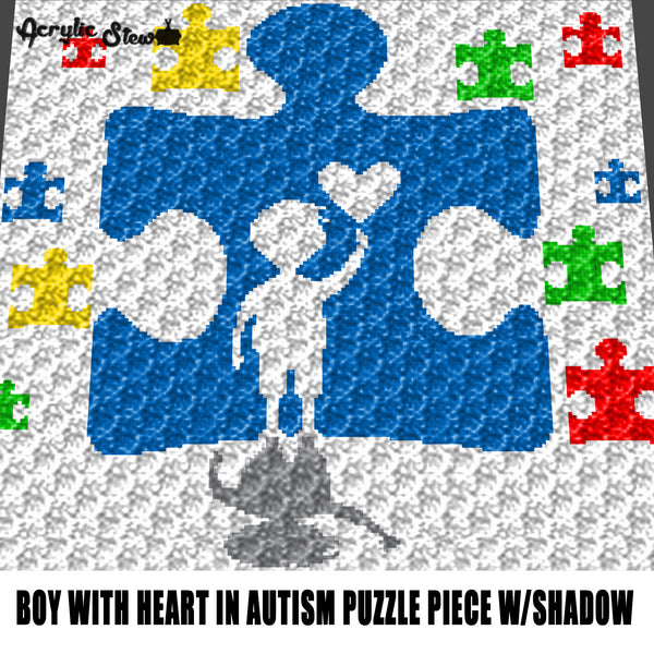 Autism Boy Touching A Heart In a Puzzle Piece With His Shadow Autism Awareness crochet graphgan blanket pattern; c2c; single crochet; cross stitch; graph; pdf download; instant download