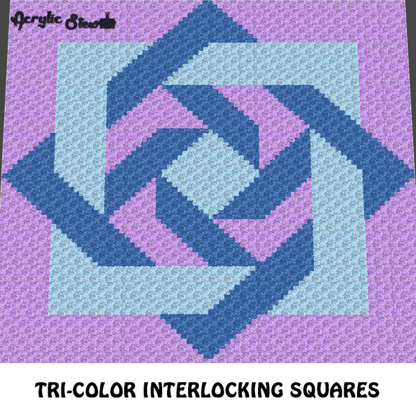 Tri-Color Interlocked Squares Blue Lavender crochet graphgan blanket pattern; c2c, cross stitch graph; pdf download; instant download