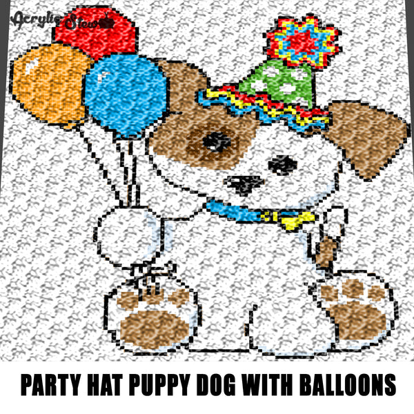 Spotted Puppy Dog With Party Hat and Balloons crochet graphgan blanket pattern; c2c, cross stitch graph; pdf download; instant download