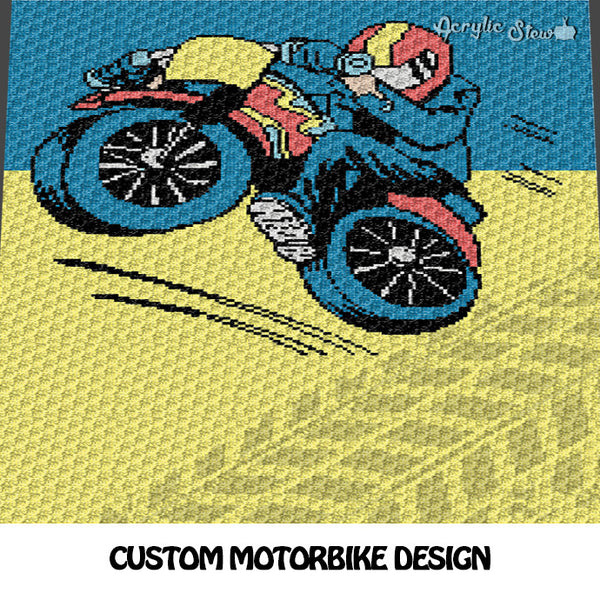 Custom Motorbike with Rider and Bike Tracks crochet blanket pattern; c2c, cross stitch graph; instant download