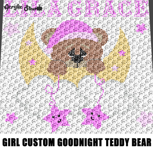 Custom Personalized Baby Girl Pink Goodnight Teddy Bear Moon and Stars crochet graphgan blanket pattern; graphgan pattern, c2c; single crochet; cross stitch; graph; pdf