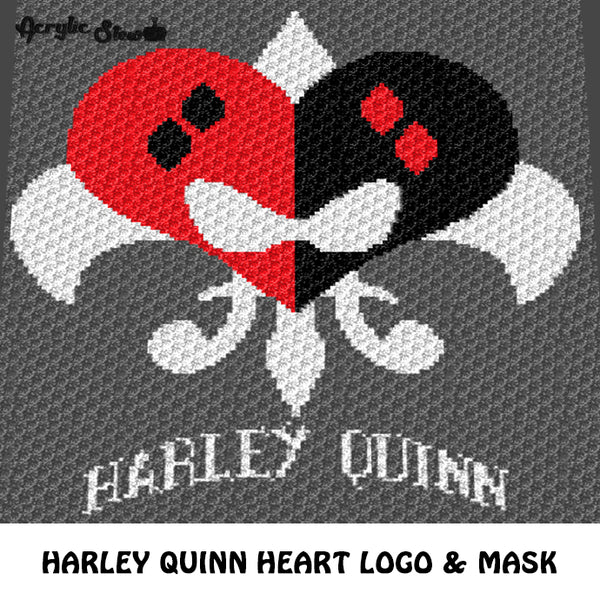 Harley Quinn DC Comics Villain Logo & Mask Heart Insignia crochet graphgan blanket pattern; c2c; single crochet; cross stitch; graph; pdf download; instant download