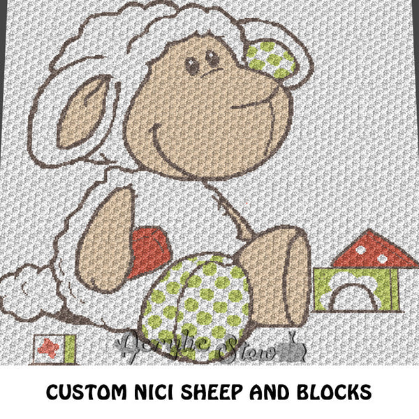 Nici White Sheep With Building Blocks crochet blanket pattern; c2c, custom graphgan, cross stitch graph; pdf download; instant download