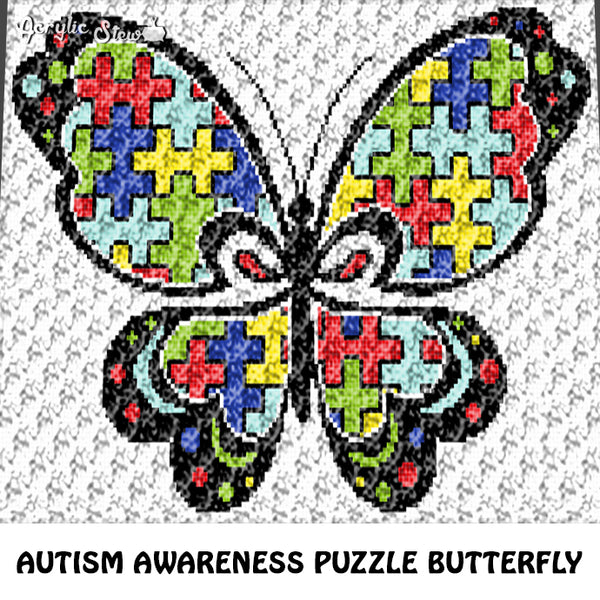 Autism Butterfly Autism Awareness Puzzle Pieces Primary Colors crochet graphgan blanket pattern; c2c; single crochet; cross stitch; graph; pdf download; instant download