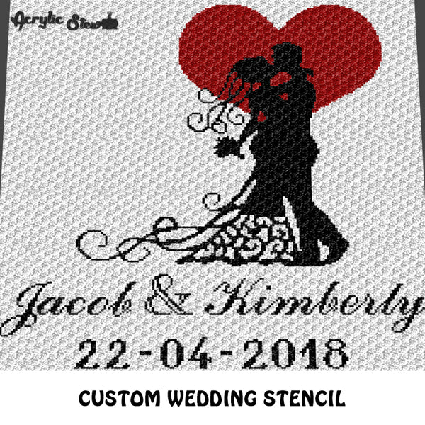 Custom Bride and Groom Wedding Silhouette Stencil With Heart Personalized Names and Date crochet graphgan blanket pattern; c2c, cross stitch graph; instant download
