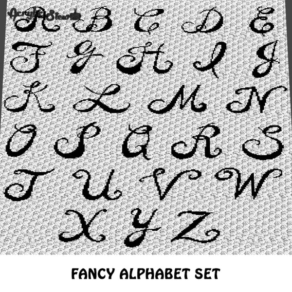 Fancy Curly Letters A to Z Alphabet Font Set crochet graphgan blanket pattern; c2c, cross stitch graph; pdf download; instant download