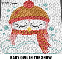 Baby Owl Wearing Scarf and Hat Sitting In Snow Baby Animals Woodland Creatures crochet graphgan blanket pattern; graphgan pattern, c2c; cross stitch; graph; pdf download; instant download