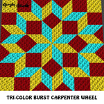 Tri-Color Burst Yellow Maroon Aqua Carpenter Wheel crochet graphgan blanket pattern; c2c, cross stitch graph; pdf download; instant download