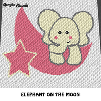 Baby Elephant on the Moon and Star crochet graphgan blanket pattern; c2c, cross stitch graph; pdf download; instant download