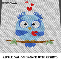 Baby Owl Sitting On Branch with Hearts crochet graphgan blanket pattern; c2c, cross stitch graph; instant download