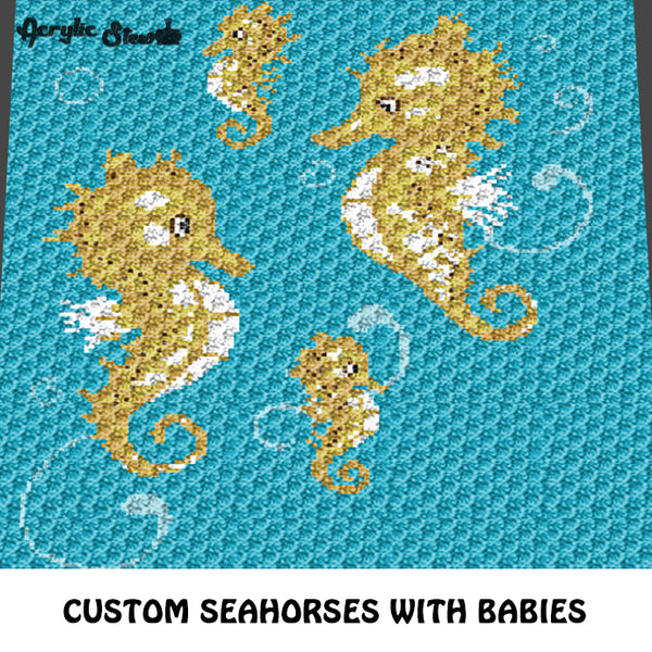 Custom Gold Seahorses With Babies Underwater crochet graphgan blanket pattern; c2c, cross stitch graph; pdf download; instant download