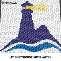 Lit Lighthouse with Water In Color Nautical crochet graphgan blanket pattern; c2c, cross stitch graph; graph; pdf download; instant download