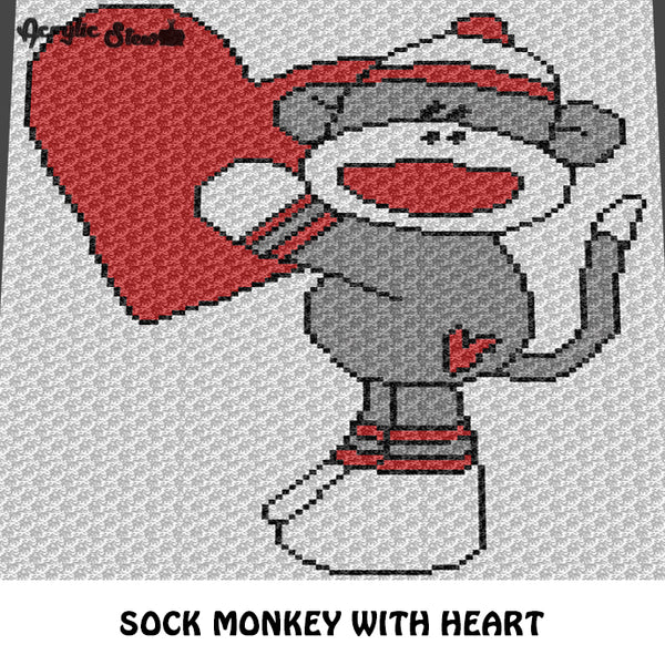 Sock Monkey With Heart Birthmark Holding Big Heart With Love crochet graphgan blanket pattern; graphgan pattern, c2c; single crochet; cross stitch; graph; pdf download; instant download