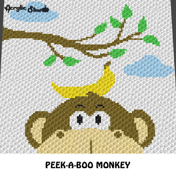 Peek A Boo Monkey Face With A Banana Cartoon crochet graphgan blanket pattern; c2c, cross stitch graph; pdf download; instant download