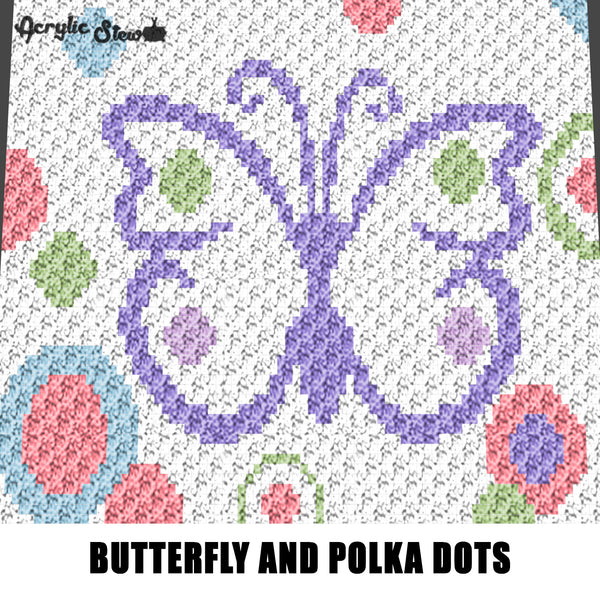 Purple Butterfly and Polka Dots Circles Spring Colors crochet graphgan blanket pattern; c2c, cross stitch; graph; pdf download; instant download