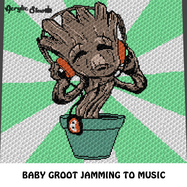 Baby Groot Grooving with Headphones Guardians of the Galaxy Character crochet graphgan blanket pattern; c2c, cross stitch graph; pdf download; instant download