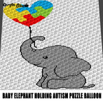 Baby Elephant Holding Autism Puzzle Piece Balloon Autism Awareness Jungle Animals crochet graphgan blanket pattern; c2c; single crochet; cross stitch; graph; pdf download; instant download