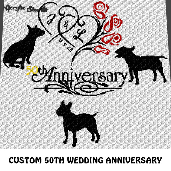Custom 50th Wedding Anniversary Roses with Initials Custom Date Bull Terriers crochet graphgan blanket pattern; c2c, cross stitch graph; pdf download; instant download