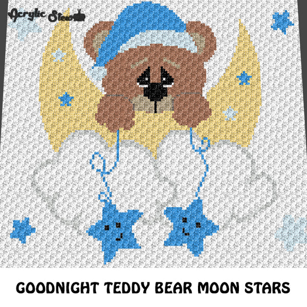 Blue Goodnight Teddy Bear Moon and Stars crochet graphgan blanket pattern; graphgan pattern, c2c, cross stitch graph; pdf download; instant download