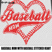 Baseball Mom with Stitched Baseball Heart Sports Quote Typography crochet graphgan blanket pattern; c2c; single crochet; cross stitch; graph; pdf download; instant download