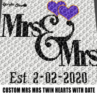Custom Mrs and Mrs Twin Hearts with Personalized Est Date Wedding Anniversary crochet graphgan blanket pattern; c2c; single crochet; cross stitch; graph; pdf download; instant download