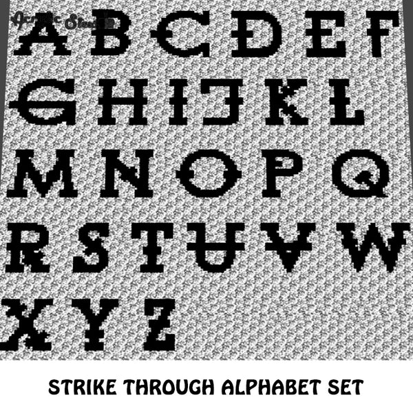 Strikethrough Letters Font A to Z Alphabet Set crochet graphgan blanket pattern; c2c, cross stitch graph; instant download