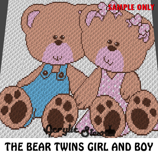 ﻿Twin Boy and Girl Teddy Bears crochet blanket pattern; graphgan pattern, c2c, knitting, cross stitch graph; pdf download; instant download