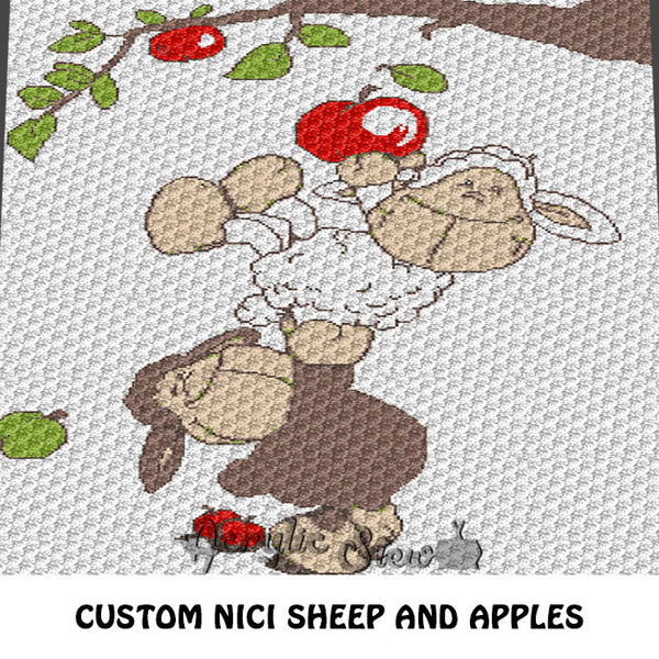 Nici White and Brown Sheep Picking Apples crochet blanket pattern; c2c, custom graphgan, cross stitch graph; pdf download; instant download