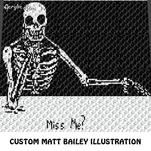 Custom Matt Bailey Skeleton Illustration Miss Me Quote Text crochet graphgan blanket pattern; c2c, cross stitch graph; pdf download; instant download