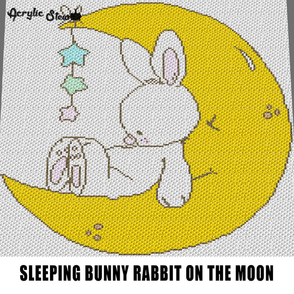 White Bunny Rabbit Sleeping on the Crescent Moon With Hanging Stars crochet graphgan blanket pattern; c2c; single crochet; cross stitch; graph; pdf download; instant download