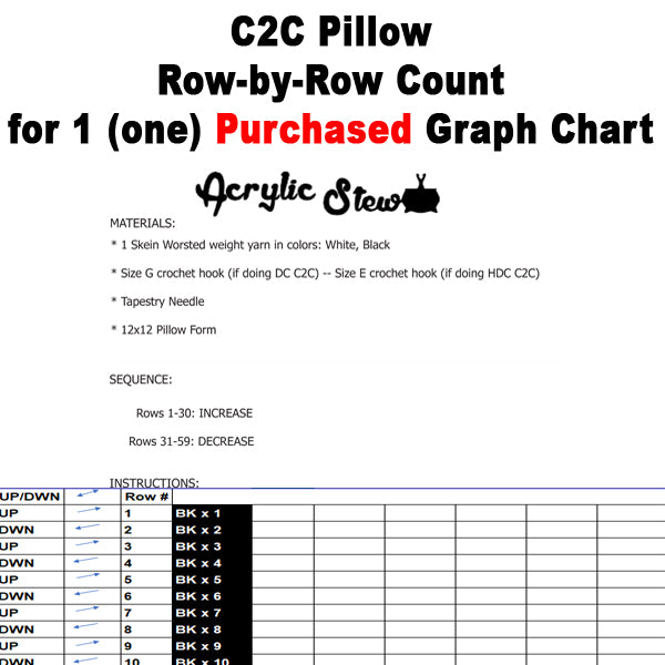 C2C Pillow Row-by-Row Counts for 1 (one) Purchased Graph Chart crochet blanket pattern; graphgan pattern, pdf