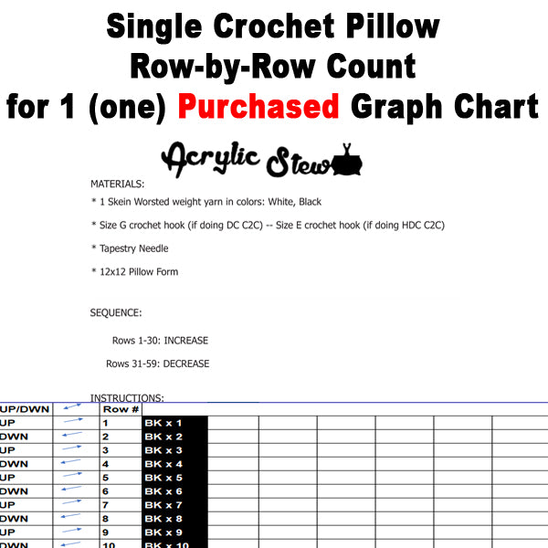 Single Crochet Pillow Row-by-Row Counts for 1 (one) Purchased Graph Chart crochet blanket pattern; graphgan pattern, pdf